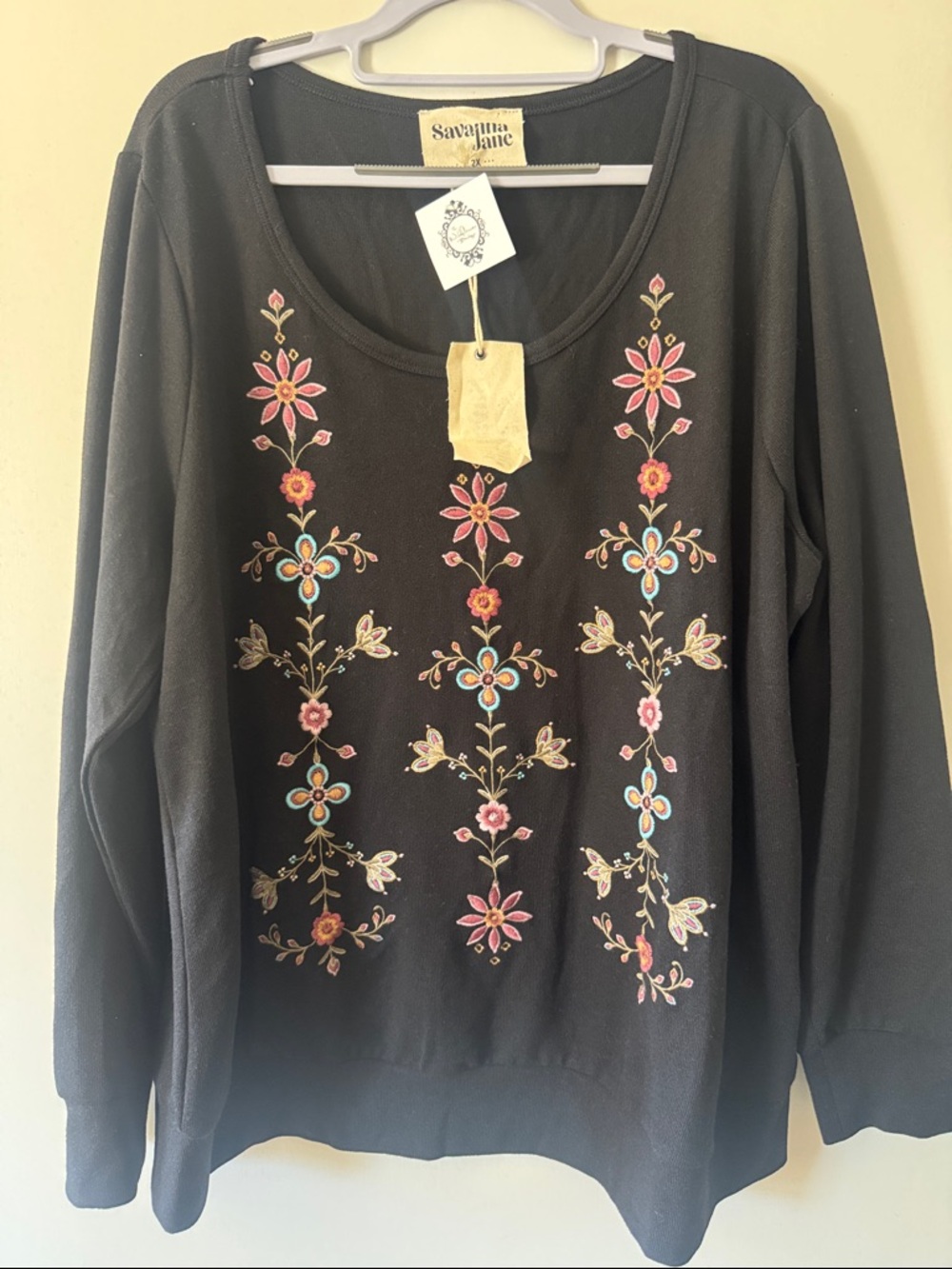 Savanna Jane Black Sweater with Pink & Blue Floral Embroidery